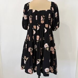 Saltwater Luxe Floral Puff Sleeve Mini Dress Womens Medium Black Summer Romantic